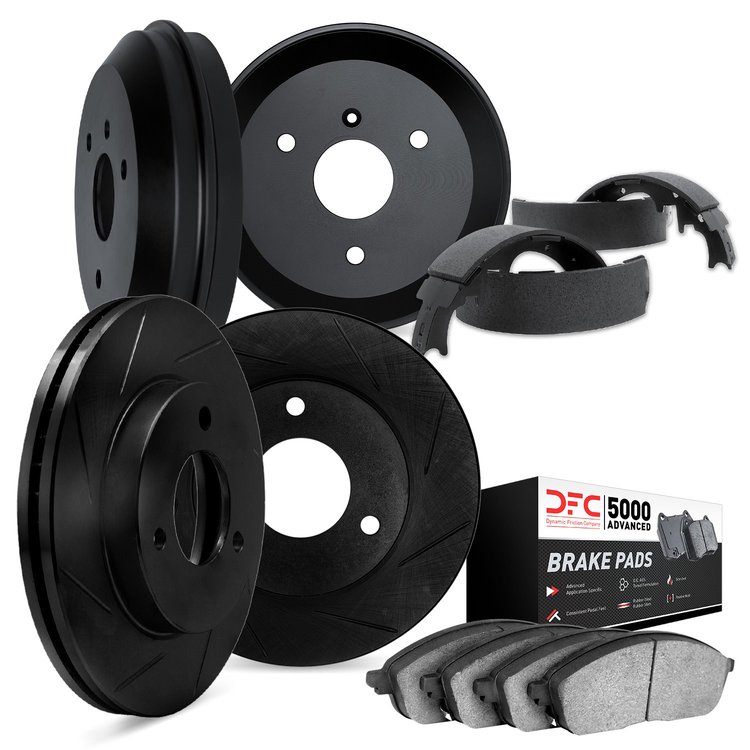 3504-63000 Slotted Brake Rotors w/5000 Advanced Brake Pads/Drums & Shoes Kit [Black], 2005-2016 Smart, Position: Front and Rear