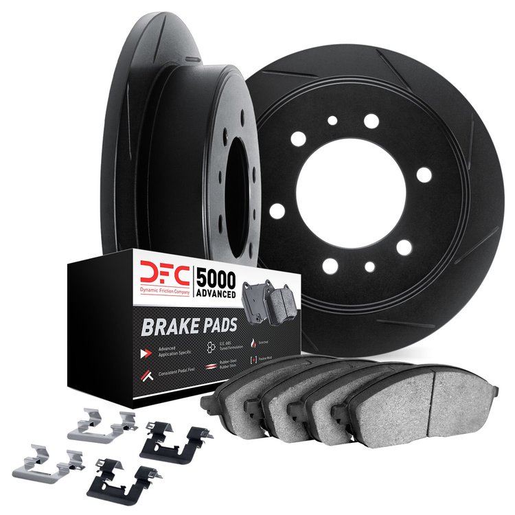 3512-67010 Slotted Brake Rotors w/5000 Advanced Brake Pads Kit & Hardware [Black], 1980-1982 Infiniti/Nissan, Position: Front
