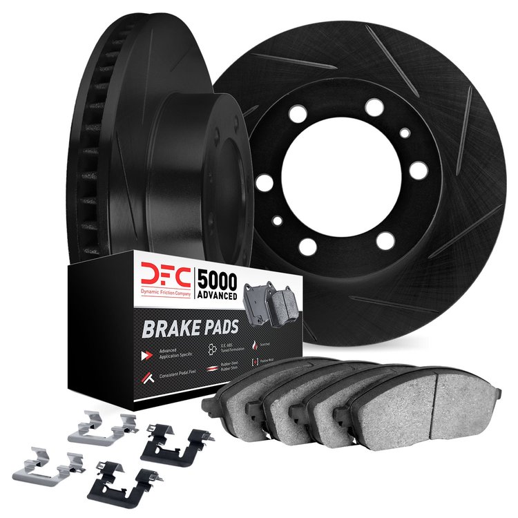 3512-93001 Slotted Brake Rotors w/5000 Advanced Brake Pads Kit & Hardware [Black], 2006-2010 GM, Position: Front