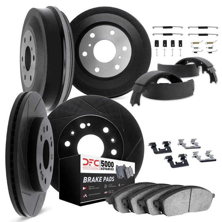 3514-47021 Slotted Brake Rotors w/5000 Advanced Brake Pads/Drums/Shoes & Hardware Kit [Black], 1994-2002 GM, Position: Front and
