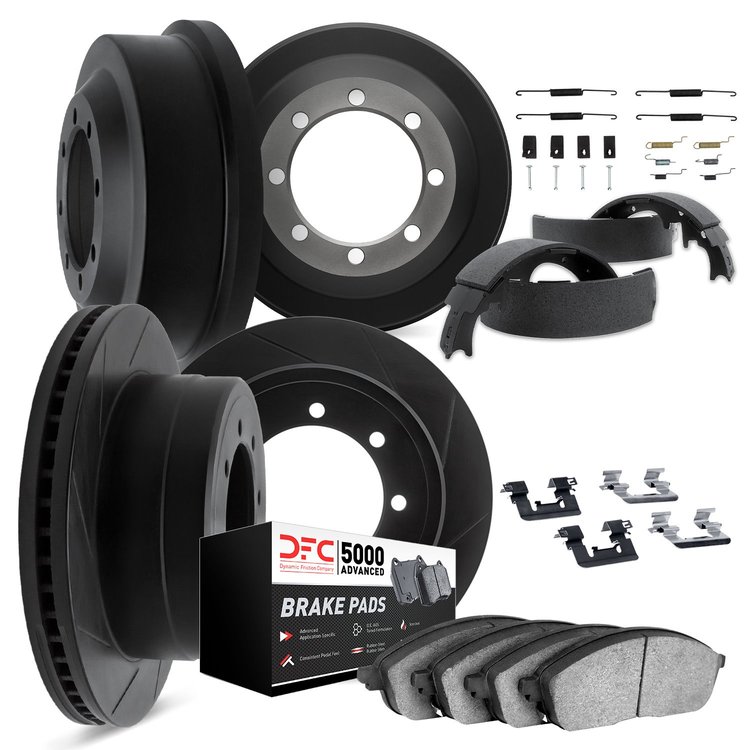 3514-47036 Slotted Brake Rotors w/5000 Advanced Brake Pads/Drums/Shoes & Hardware Kit [Black], 1990-1999 GM, Position: Front and