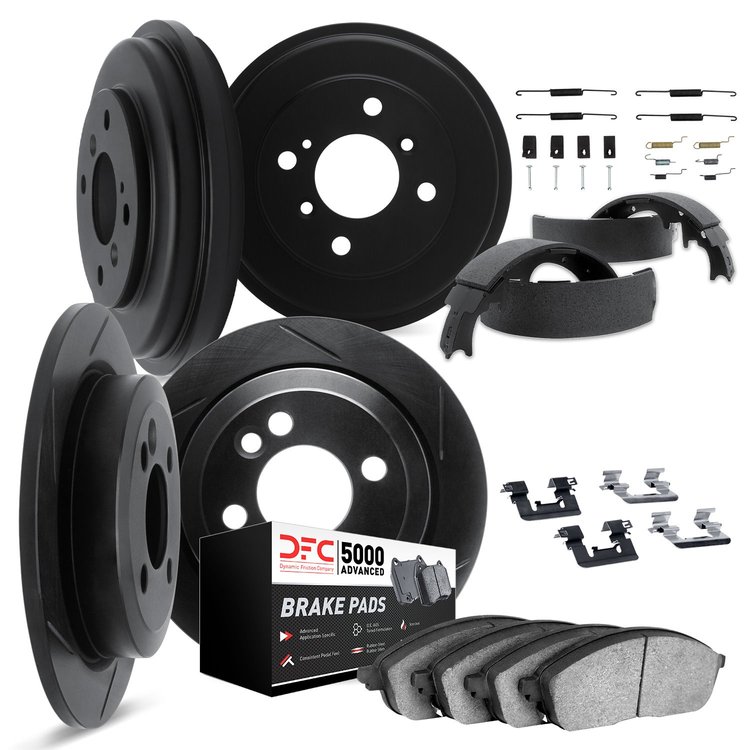 3514-72003 Slotted Brake Rotors w/5000 Advanced Brake Pads/Drums/Shoes & Hardware Kit [Black], 1995-1996 Mopar, Position: Front 