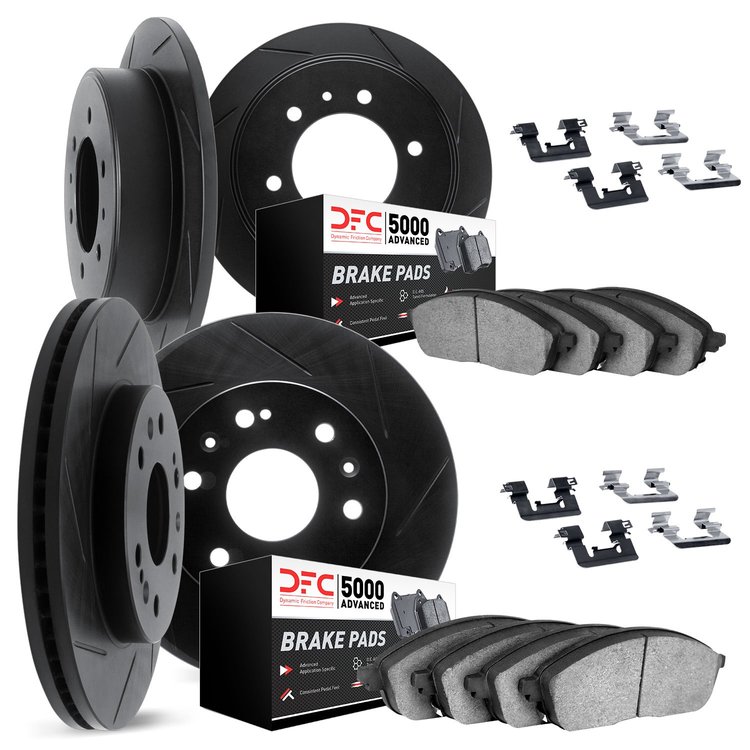 3514-72026 Slotted Brake Rotors w/5000 Advanced Brake Pads Kit & Hardware [Black], 1994-2000 Mitsubishi, Position: Front and Rea