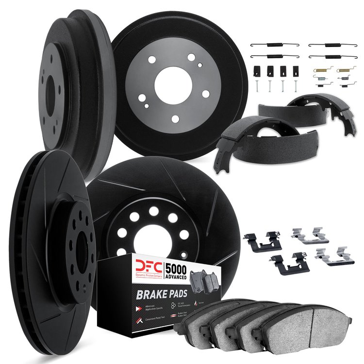 3514-76033 Slotted Brake Rotors w/5000 Advanced Brake Pads/Drums/Shoes & Hardware Kit [Black], 2003-2008 Multiple Makes/Models, 