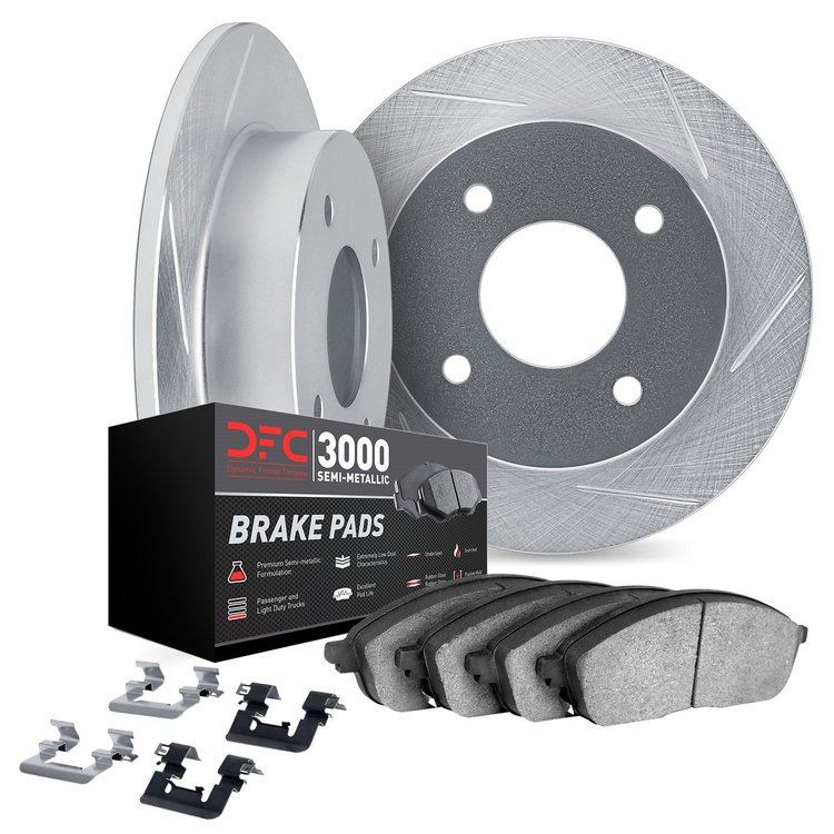 5112-13001 Slotted Brake Rotors with 3000-Series Semi-Metallic Brake Pads Kit & Hardware [Silver], 1972-1981 Subaru, Position: F