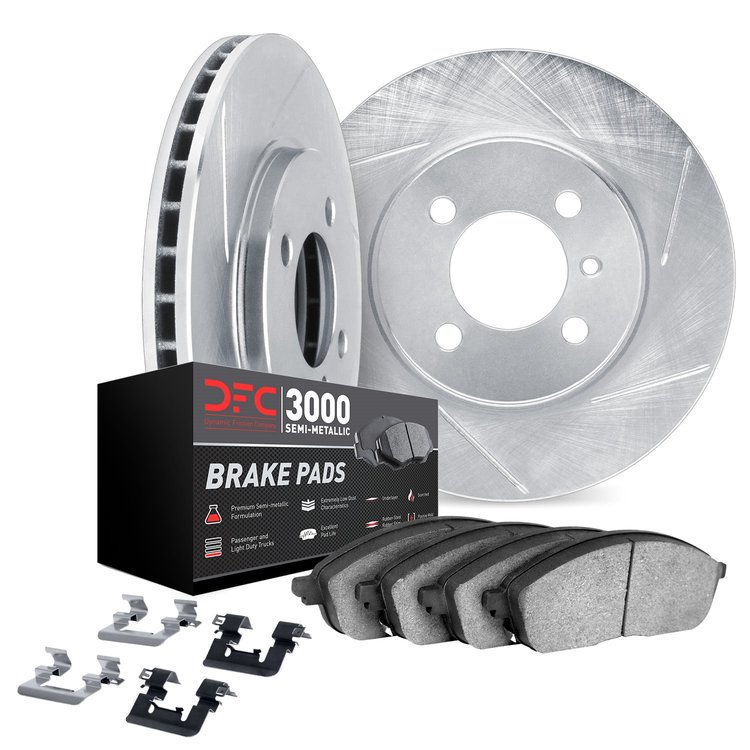 5112-13004 Slotted Brake Rotors with 3000-Series Semi-Metallic Brake Pads Kit & Hardware [Silver], 1983-1989 Subaru, Position: F
