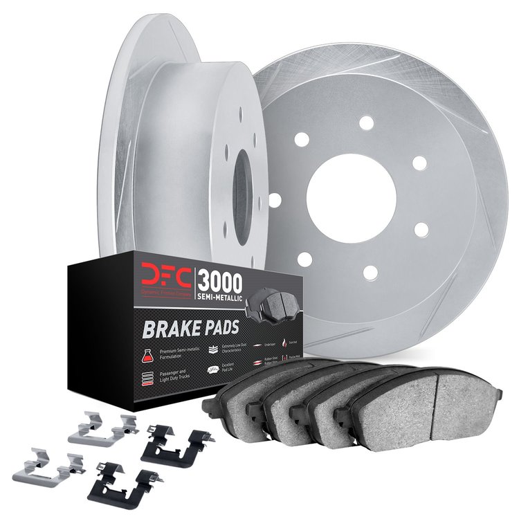 5112-54121 Slotted Brake Rotors with 3000-Series Semi-Metallic Brake Pads Kit & Hardware [Silver], 1997-2004 Ford/Lincoln/Mercur