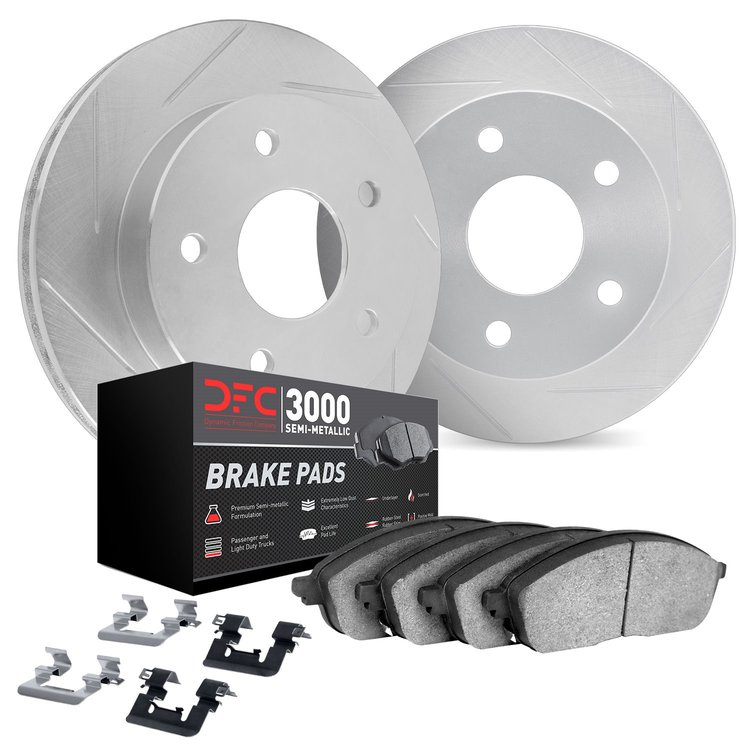5112-73084 Slotted Brake Rotors with 3000-Series Semi-Metallic Brake Pads Kit & Hardware [Silver], Fits Select Audi/Volkswagen, 