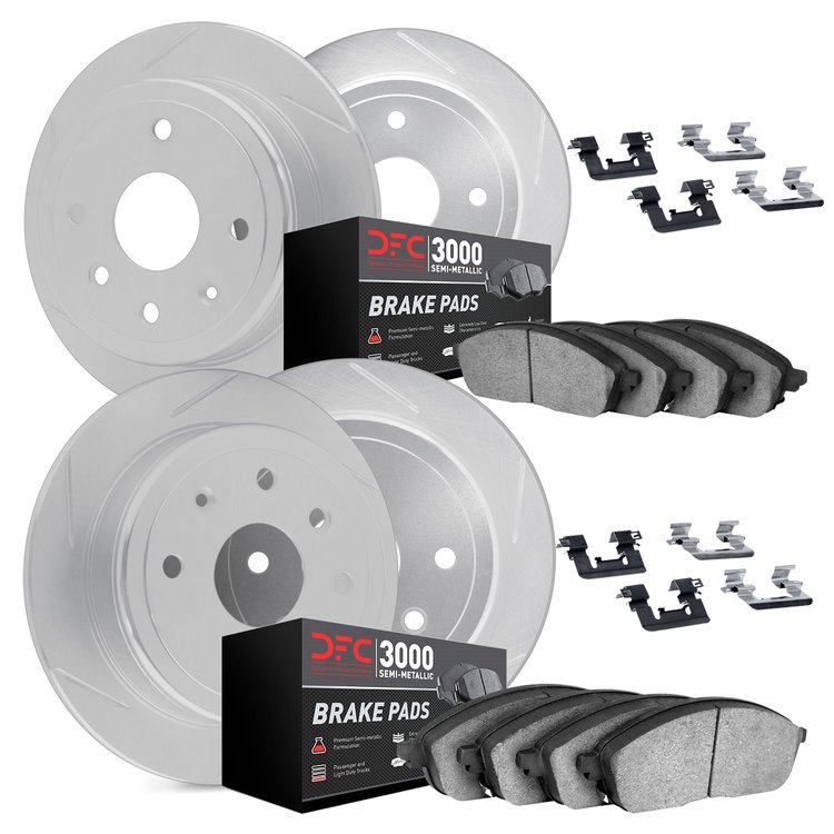 5114-11004 Slotted Brake Rotors with 3000-Series Semi-Metallic Brake Pads Kit & Hardware [Silver], 1994-1999 Land Rover, Positio