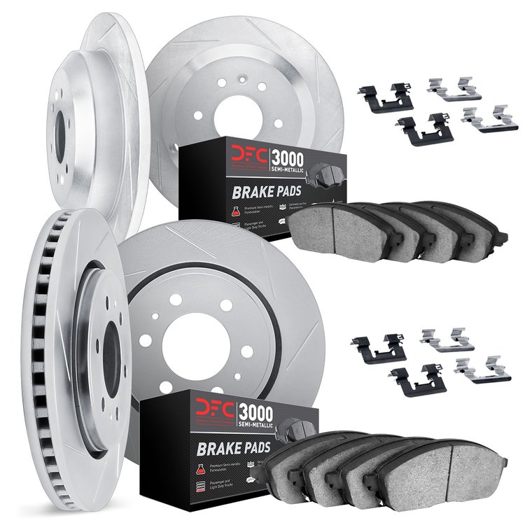 5114-40024 Slotted Brake Rotors with 3000-Series Semi-Metallic Brake Pads Kit & Hardware [Silver], 2003-2004 Mopar, Position: Fr
