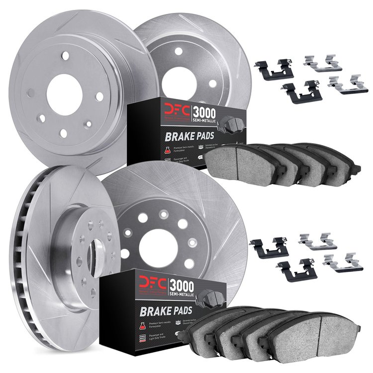 5114-42003 Slotted Brake Rotors with 3000-Series Semi-Metallic Brake Pads Kit & Hardware [Silver], 2003-2006 Mopar, Position: Fr