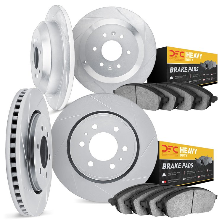 5204-40228 Slotted Brake Rotors w/Heavy-Duty Brake Pads Kits [Silver], 2003-2004 Mopar, Position: Front and Rear