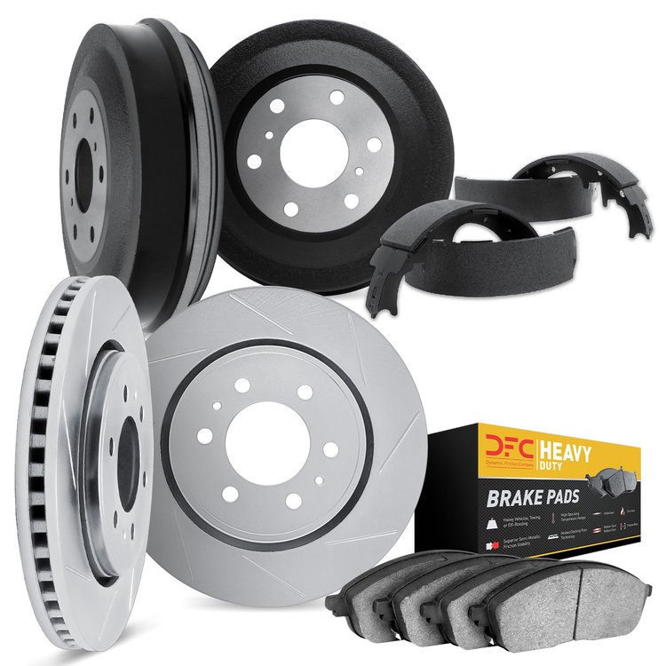 5204-48055 Slotted Brake Rotors w/Heavy-Duty Brake Pads/Drums & Shoes Kits [Silver], 2005-2007 GM, Position: Front and Rear