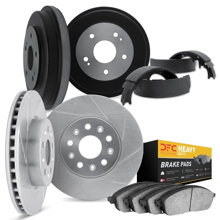 5204-48105 Slotted Brake Rotors w/Heavy-Duty Brake Pads/Drums & Shoes Kits [Silver], 1993-1995 GM, Position: Front and Rear