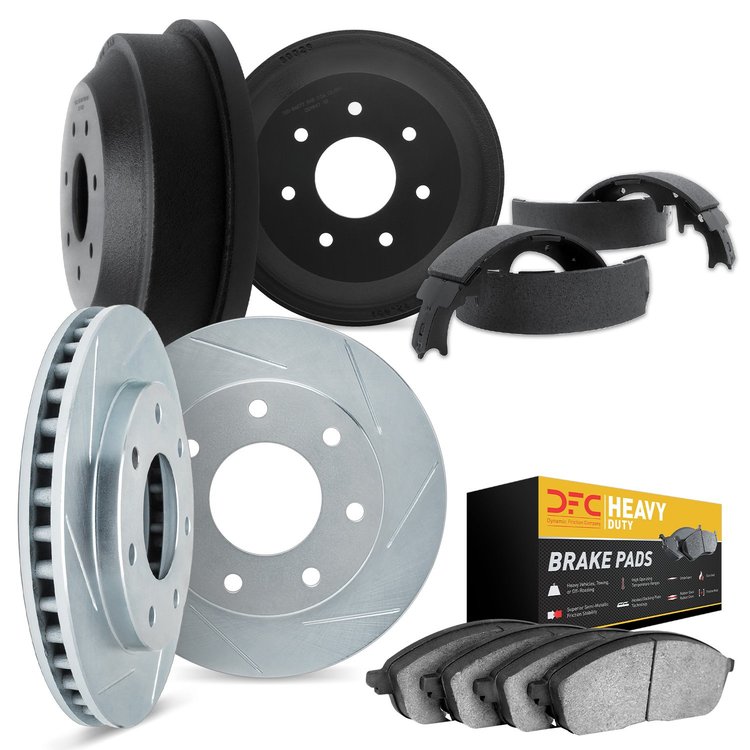 5204-54215 Slotted Brake Rotors w/Heavy-Duty Brake Pads/Drums & Shoes Kits [Silver], 1997-2004 Ford/Lincoln/Mercury/Mazda, Posit