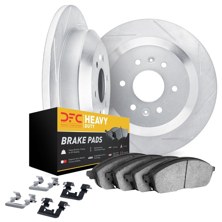 5212-40176 Slotted Brake Rotors w/Heavy-Duty Brake Pads Kits & Hardware [Silver], 2003-2004 Mopar, Position: Rear