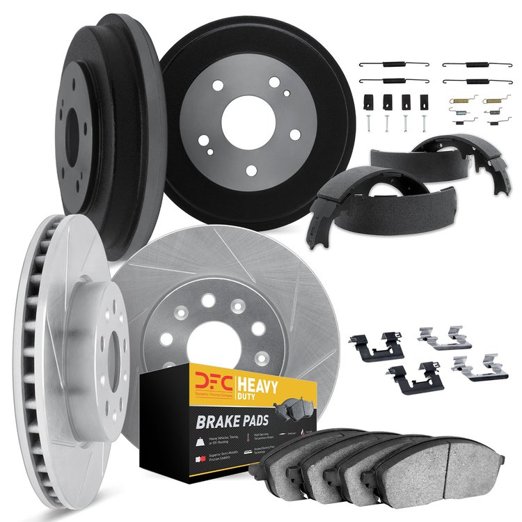 5214-39060 Slotted Brake Rotors w/Heavy-Duty Brake Pads/Drums/Shoes & Hardware Kit [Silver], 1978-1978 Mopar, Position: Front an