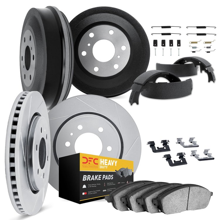 5214-42025 Slotted Brake Rotors w/Heavy-Duty Brake Pads/Drums/Shoes & Hardware Kit [Silver], 1974-1976 Mopar, Position: Front an