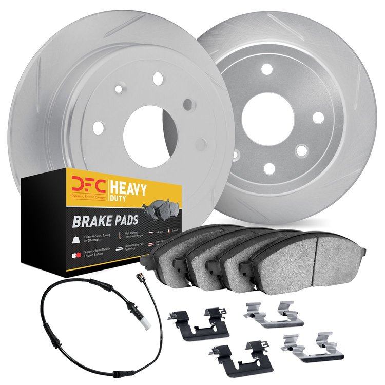 5222-40002 Slotted Brake Rotors w/Heavy-Duty Brake Pads Kits [Silver] includes Sensor & Hardware, 2002-2006 Multiple Makes/Model
