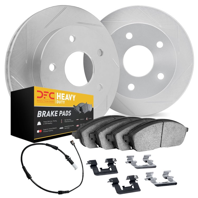 5222-40008 Slotted Brake Rotors w/Heavy-Duty Brake Pads Kits [Silver] includes Sensor & Hardware, 2003-2006 Mopar, Position: Fro