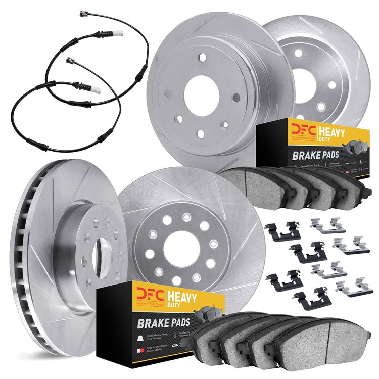 5224-40003 Slotted Brake Rotors w/Heavy-Duty Brake Pads Kits [Silver] includes Sensor & Hardware, 2003-2006 Mopar, Position: Fro