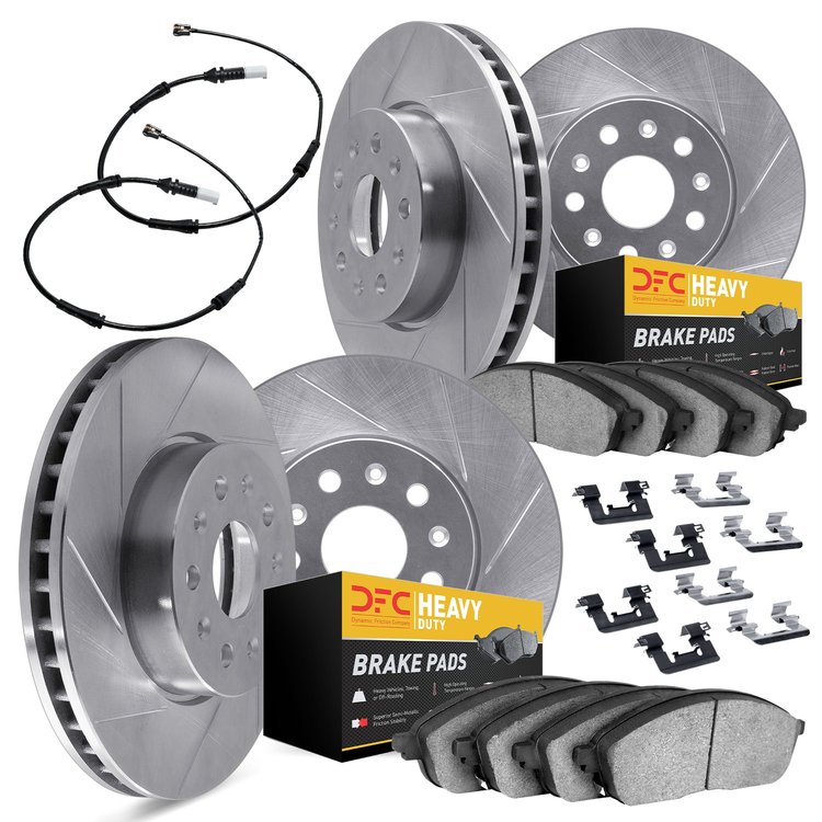 5224-40005 Slotted Brake Rotors w/Heavy-Duty Brake Pads Kits [Silver] includes Sensor & Hardware, 2006-2006 Mopar, Position: Fro