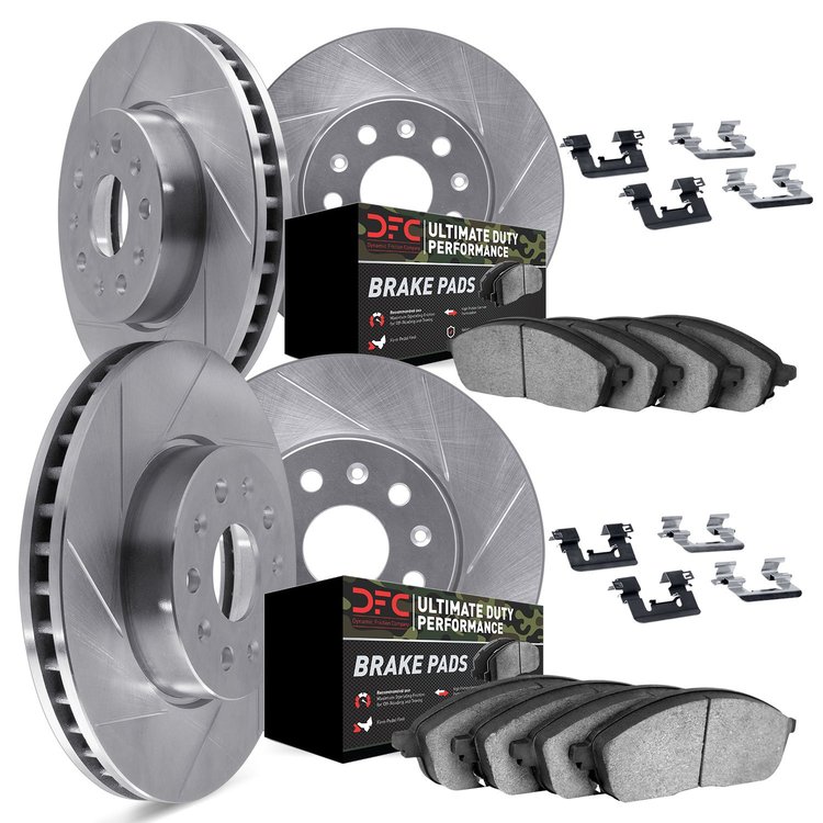 5414-40003 Slotted Brake Rotors with Ultimate-Duty Brake Pads Kit & Hardware [Silver], 2008-2012 Mopar, Position: Front and Rear
