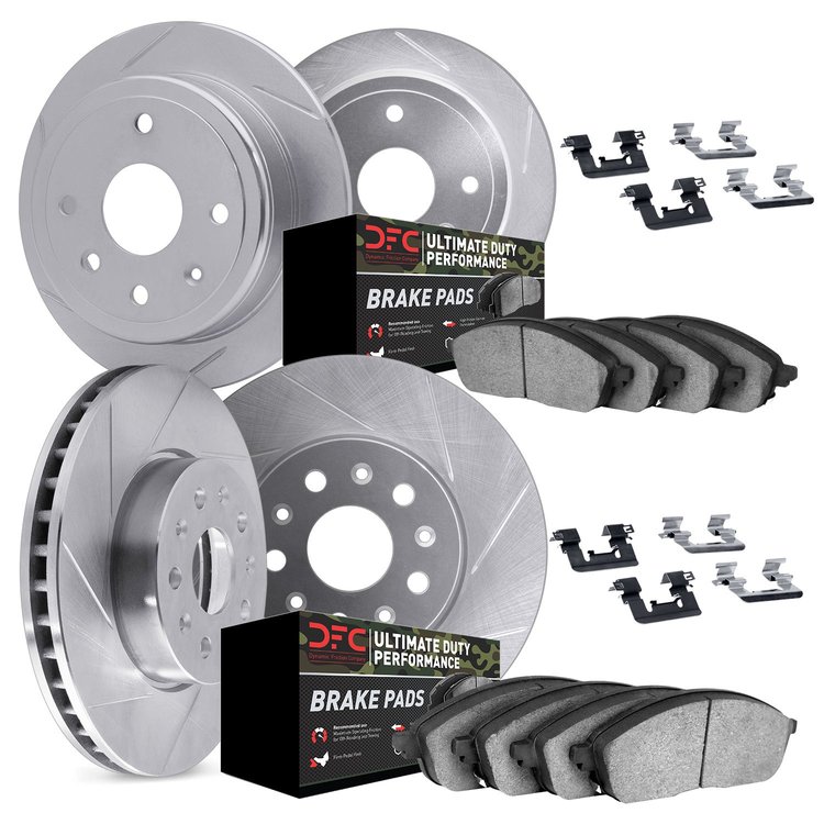 5414-42015 Slotted Brake Rotors with Ultimate-Duty Brake Pads Kit & Hardware [Silver], 2003-2006 Mopar, Position: Front and Rear