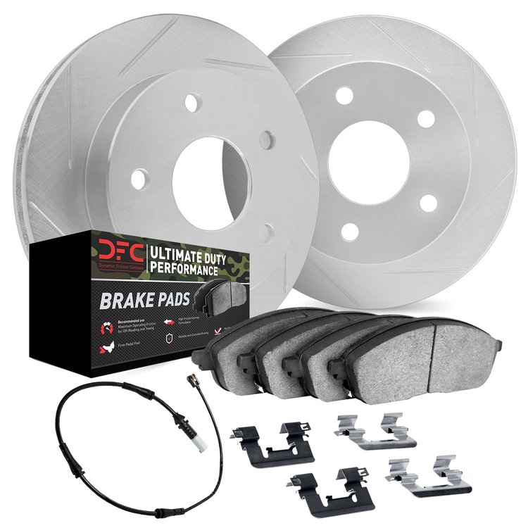 5422-63002 Slotted Brake Rotors with Ultimate-Duty Brake Pads/Sensor & Hardware Kit [Silver], 2013-2019 Mercedes-Benz, Position: