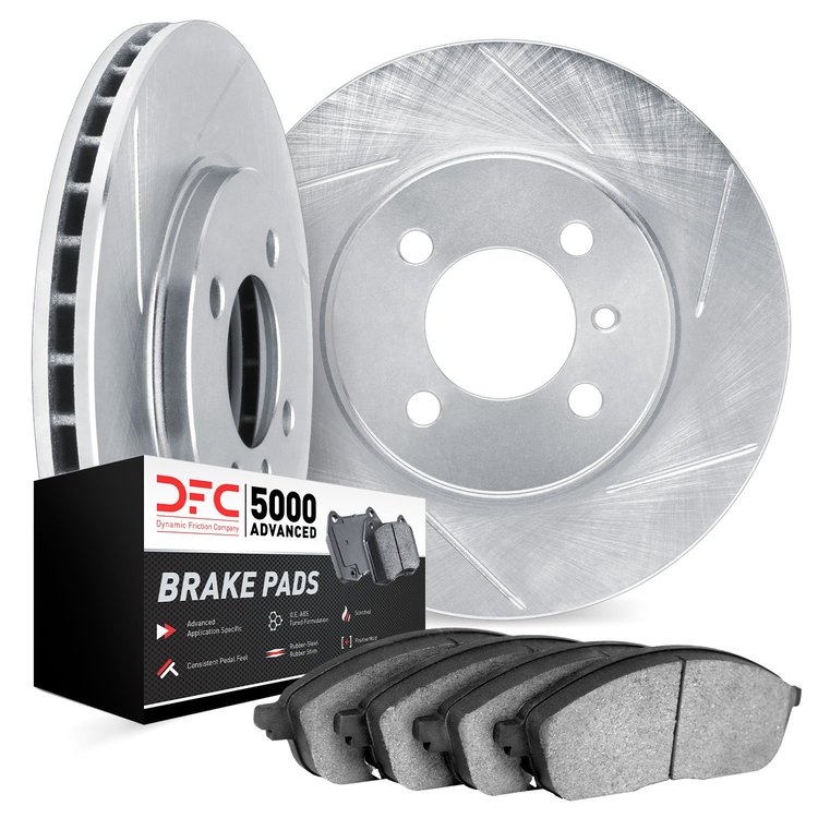 5502-13001 Slotted Brake Rotors w/5000 Advanced Brake Pads Kit [Silver], 1983-1989 Subaru, Position: Front