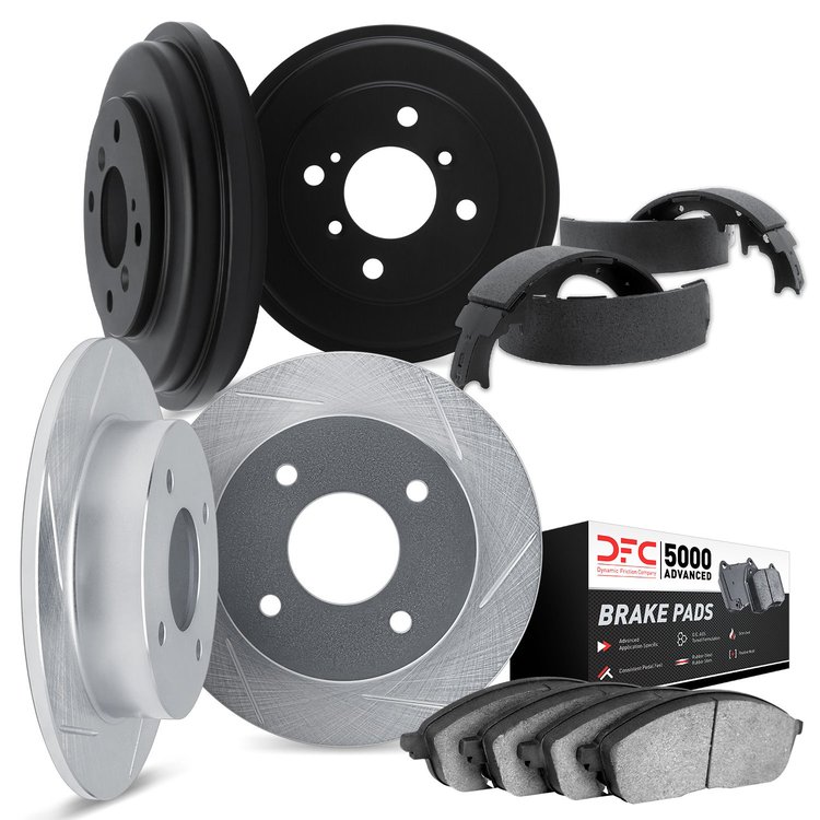 5504-22002 Slotted Brake Rotors w/5000 Advanced Brake Pads/Drums & Shoes Kit [Silver], 1974-1975 Opel, Position: Front and Rear