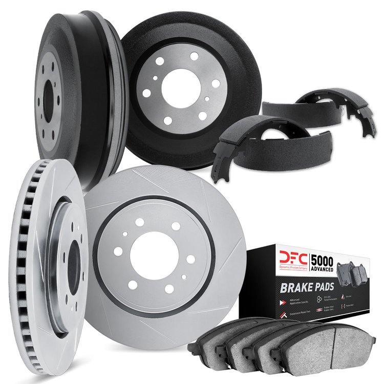 5504-47012 Slotted Brake Rotors w/5000 Advanced Brake Pads/Drums & Shoes Kit [Silver], 1994-2002 GM, Position: Front and Rear