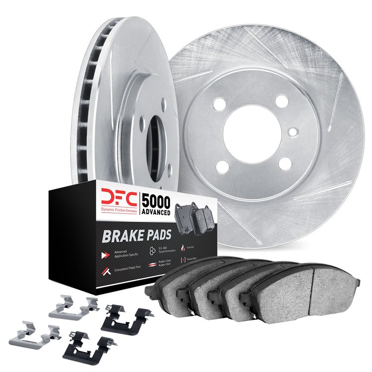 5512-13004 Slotted Brake Rotors w/5000 Advanced Brake Pads Kit & Hardware [Silver], 1983-1989 Subaru, Position: Front