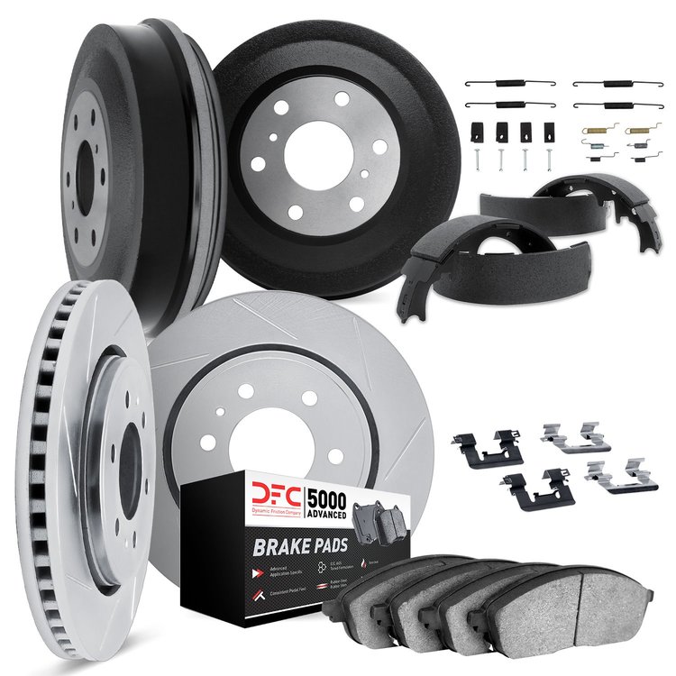 5514-47026 Slotted Brake Rotors w/5000 Advanced Brake Pads/Drums/Shoes & Hardware Kit [Silver], 1988-2000 GM, Position: Front an