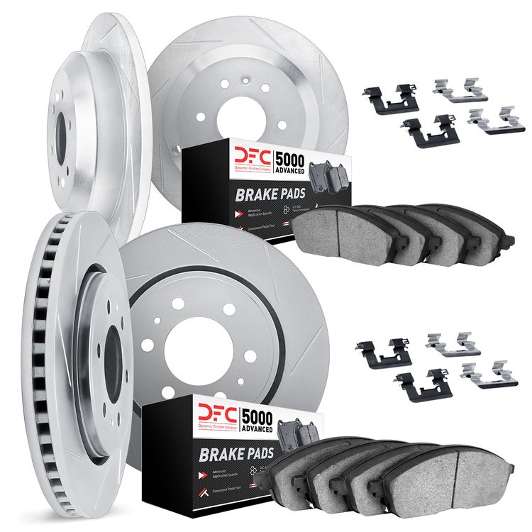 5514-67068 Slotted Brake Rotors w/5000 Advanced Brake Pads Kit & Hardware [Silver], 2005-2007 Infiniti/Nissan, Position: Front a