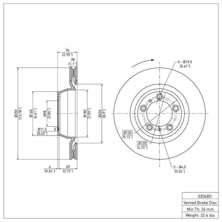 600-02048D Brake Rotor, 2007-2016 Porsche, Position: Rear Right