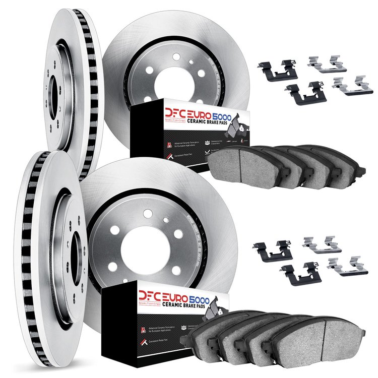 6614-10650 Brake Rotors w/5000 Euro Ceramic Brake Pads Kit with Hardware, 2002-2005 GM, Position: Front and Rear