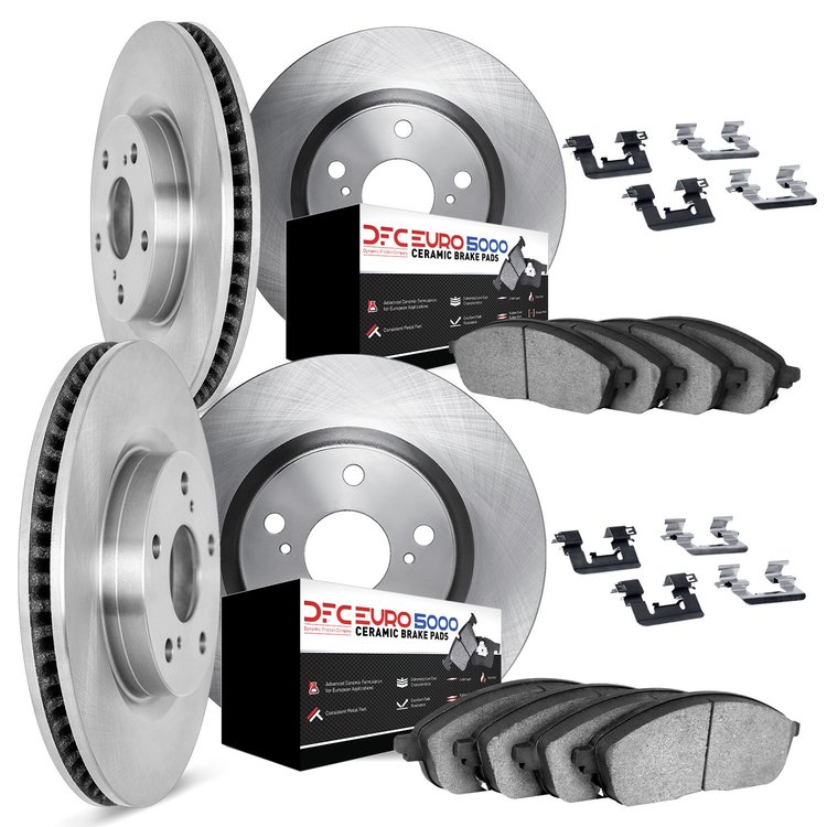 6614-12828 Brake Rotors w/5000 Euro Ceramic Brake Pads Kit with Hardware, 2017-2019 Volvo, Position: Front and Rear