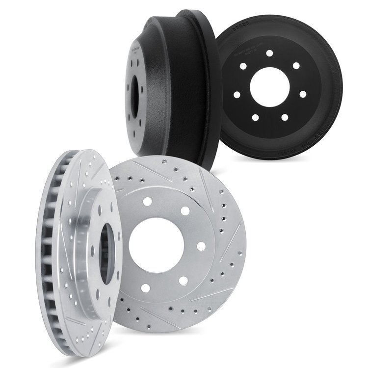 7004-54144 Drilled/Slotted Brake Rotors & Drums Kit [Silver], 1997-2002 Ford/Lincoln/Mercury/Mazda, Position: Front and Rear