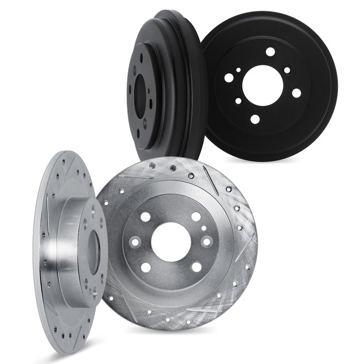 7004-92009 Drilled/Slotted Brake Rotors & Drums Kit [Silver], 2011-2015 GM, Position: Front and Rear