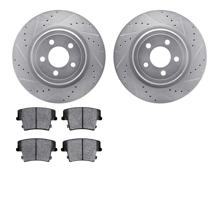 7202-39032 Drilled/Slotted Rotors w/Heavy-Duty Brake Pads Kit [Silver], 2006-2014 Mopar, Position: Rear