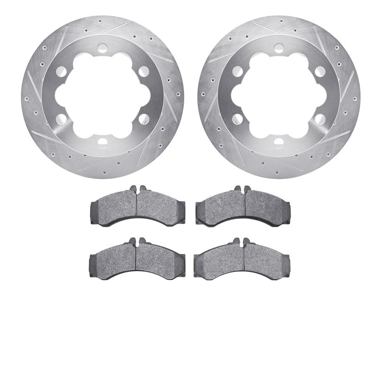 7202-40052 Drilled/Slotted Rotors w/Heavy-Duty Brake Pads Kit [Silver], 2002-2006 Multiple Makes/Models, Position: Rear