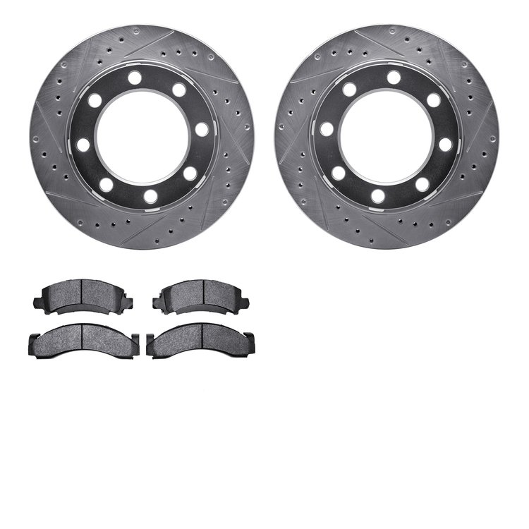 7202-40074 Drilled/Slotted Rotors w/Heavy-Duty Brake Pads Kit [Silver], 1975-1993 Mopar, Position: Front