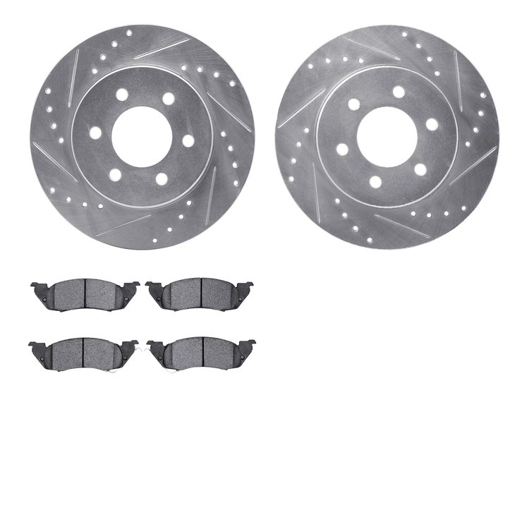 7202-40087 Drilled/Slotted Rotors w/Heavy-Duty Brake Pads Kit [Silver], 1991-1996 Mopar, Position: Front
