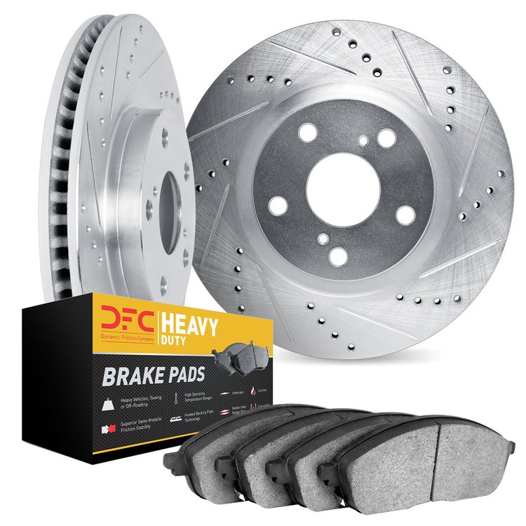 7202-40099 Drilled/Slotted Rotors w/Heavy-Duty Brake Pads Kit [Silver], 1994-1999 Mopar, Position: Front