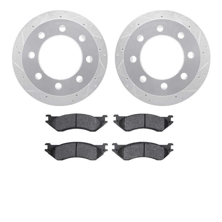 7202-40121 Drilled/Slotted Rotors w/Heavy-Duty Brake Pads Kit [Silver], 2000-2002 Mopar, Position: Rear