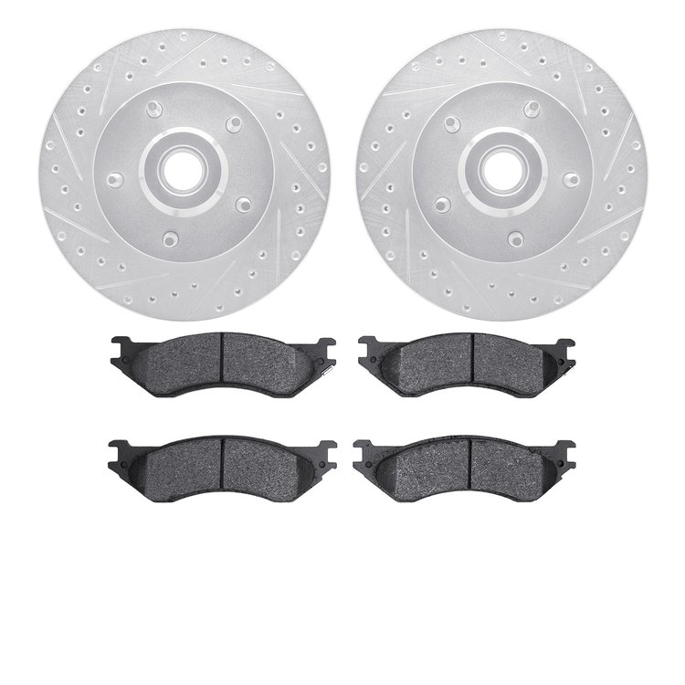 7202-40125 Drilled/Slotted Rotors w/Heavy-Duty Brake Pads Kit [Silver], 2003-2003 Mopar, Position: Front