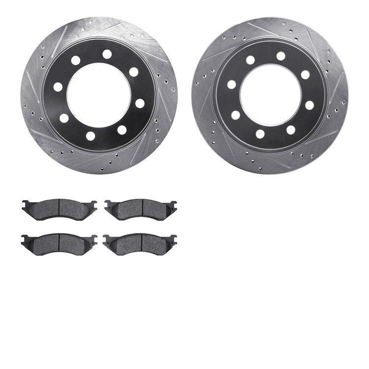 7202-40132 Drilled/Slotted Rotors w/Heavy-Duty Brake Pads Kit [Silver], 2003-2008 Mopar, Position: Rear