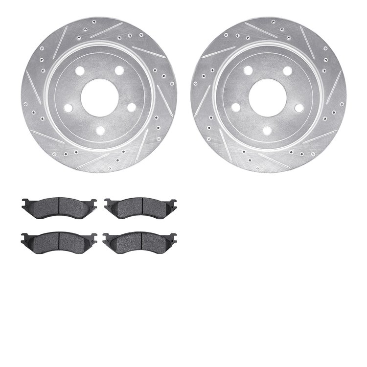 7202-40136 Drilled/Slotted Rotors w/Heavy-Duty Brake Pads Kit [Silver], 2004-2006 Mopar, Position: Rear