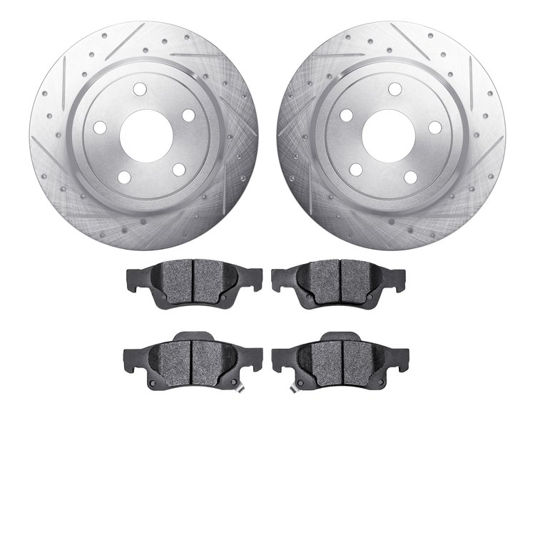 7202-42001 Drilled/Slotted Rotors w/Heavy-Duty Brake Pads Kit [Silver], Fits Select Mopar, Position: Rear